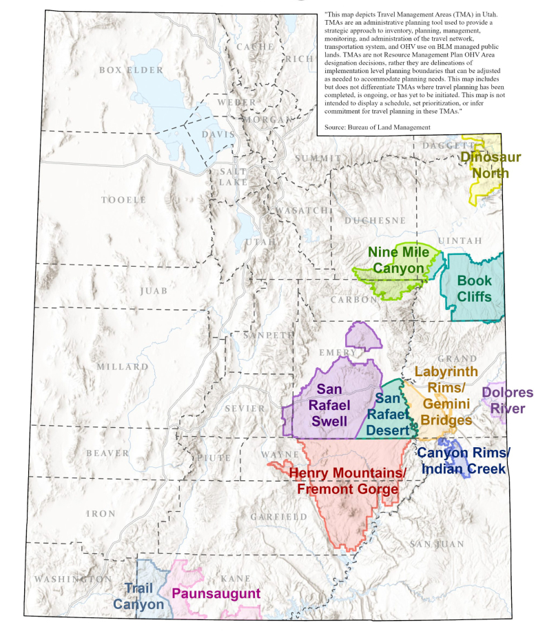 Map of Utah showing the BLM Travel Management Areas